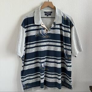 Regatta Men's Knit Sailing Stripe Polo Sail Boat Preppy Snap Button Gray Blue XL